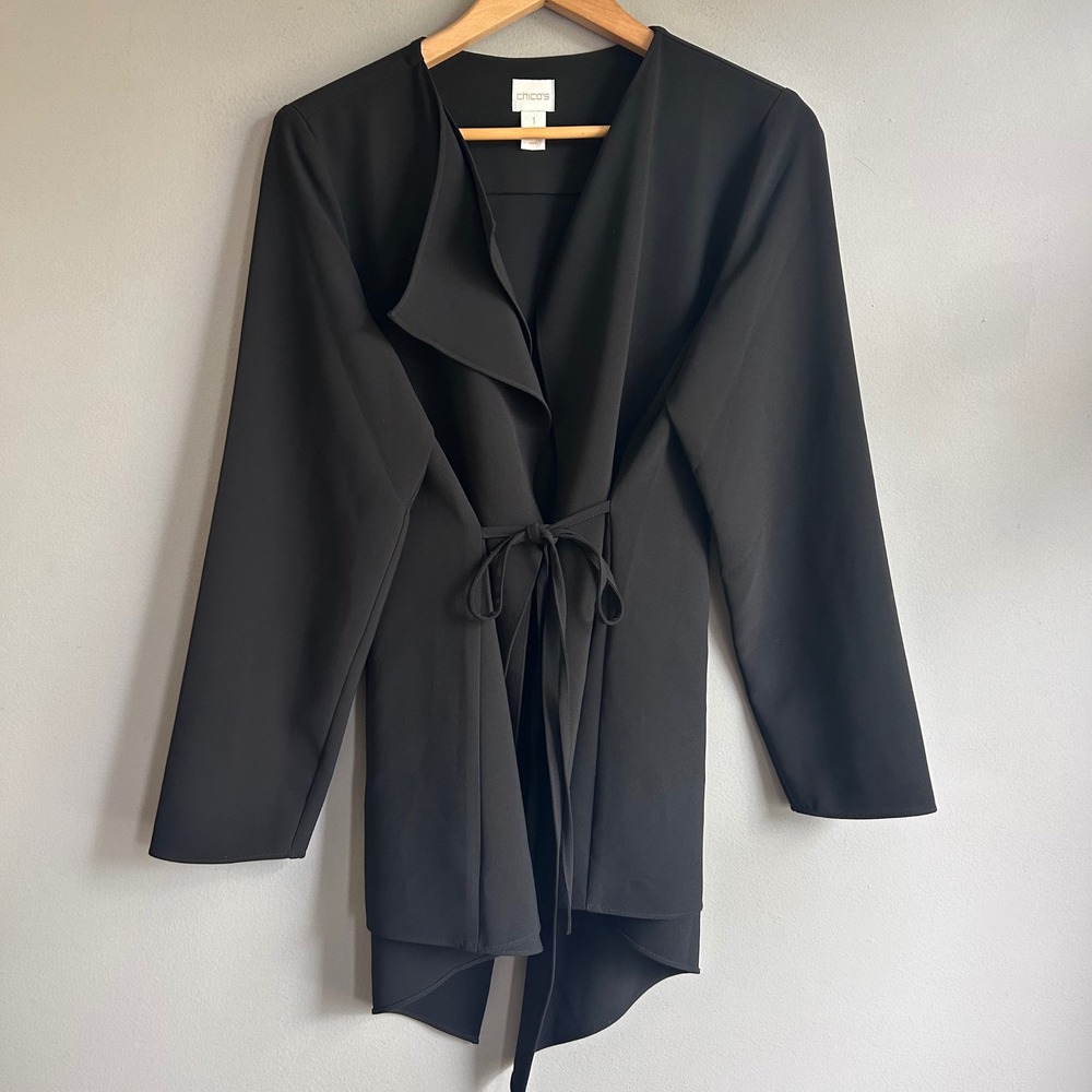 Chicos Black Open Front Wrap Jacket Draped Neck Tie Waist Size 1 Medium
